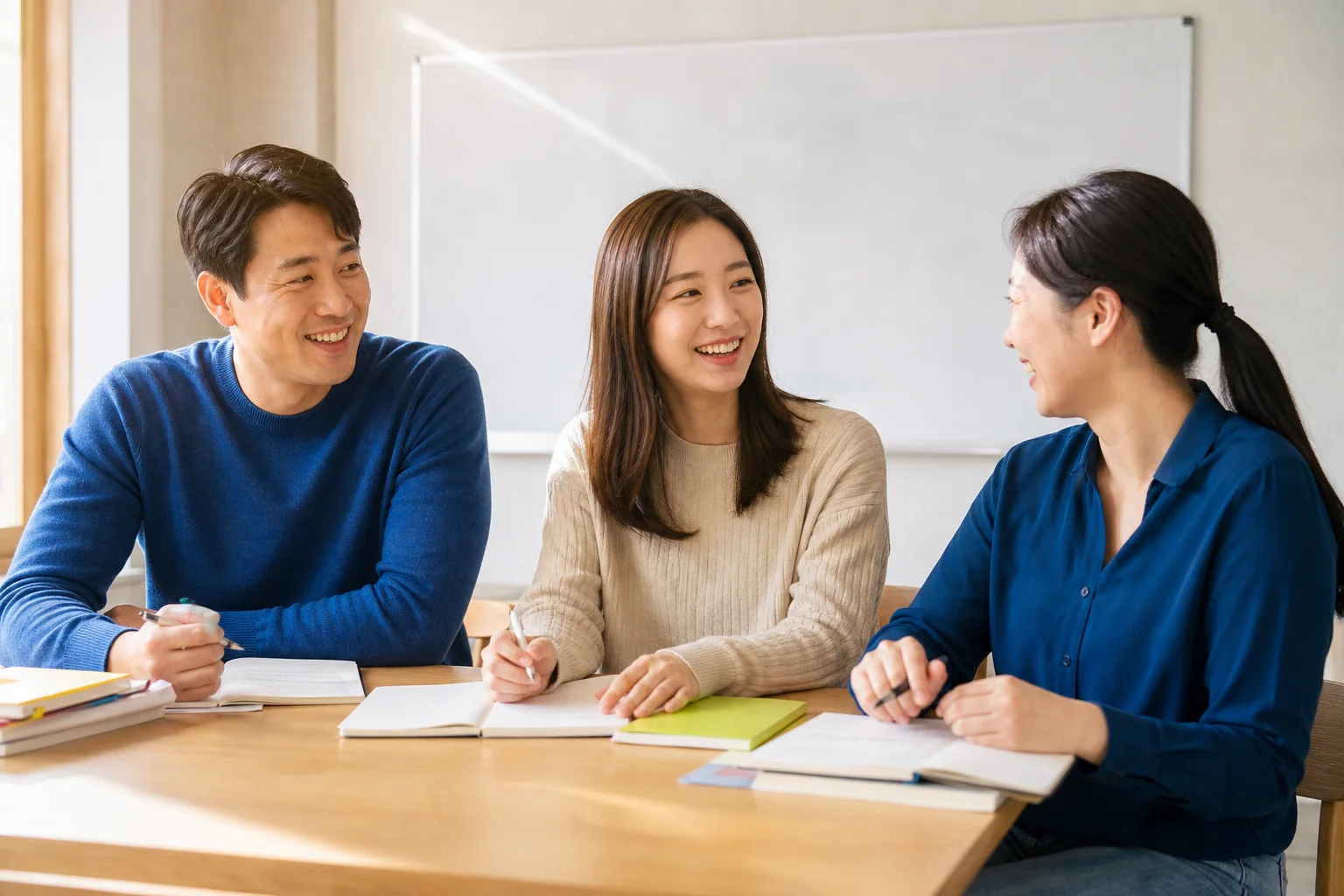 스터디룸에서 합격 노하우를 나누는 자격증 학습자들