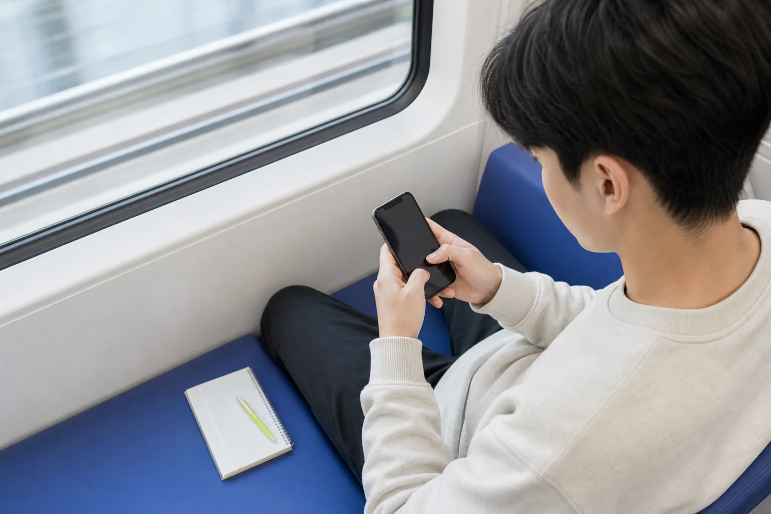 이동 중 스마트폰으로 자격증 문제를 복습하는 모습